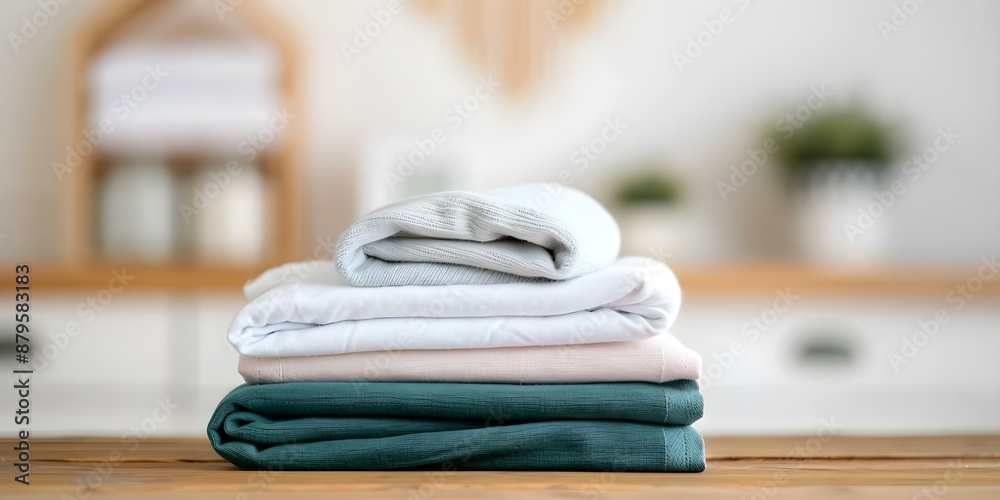 Closeup of neatly folded laundry on wooden table in cozy laundry room. Concept Cozy Home Decor, Neat Organization, Domestic Bliss, Laundry Room Aesthetics Closeup of neatly folded laundry on wooden table in cozy laundry room. Concept Cozy Home Decor, Neat Organization, Domestic Bliss, Laundry Room Aesthetics