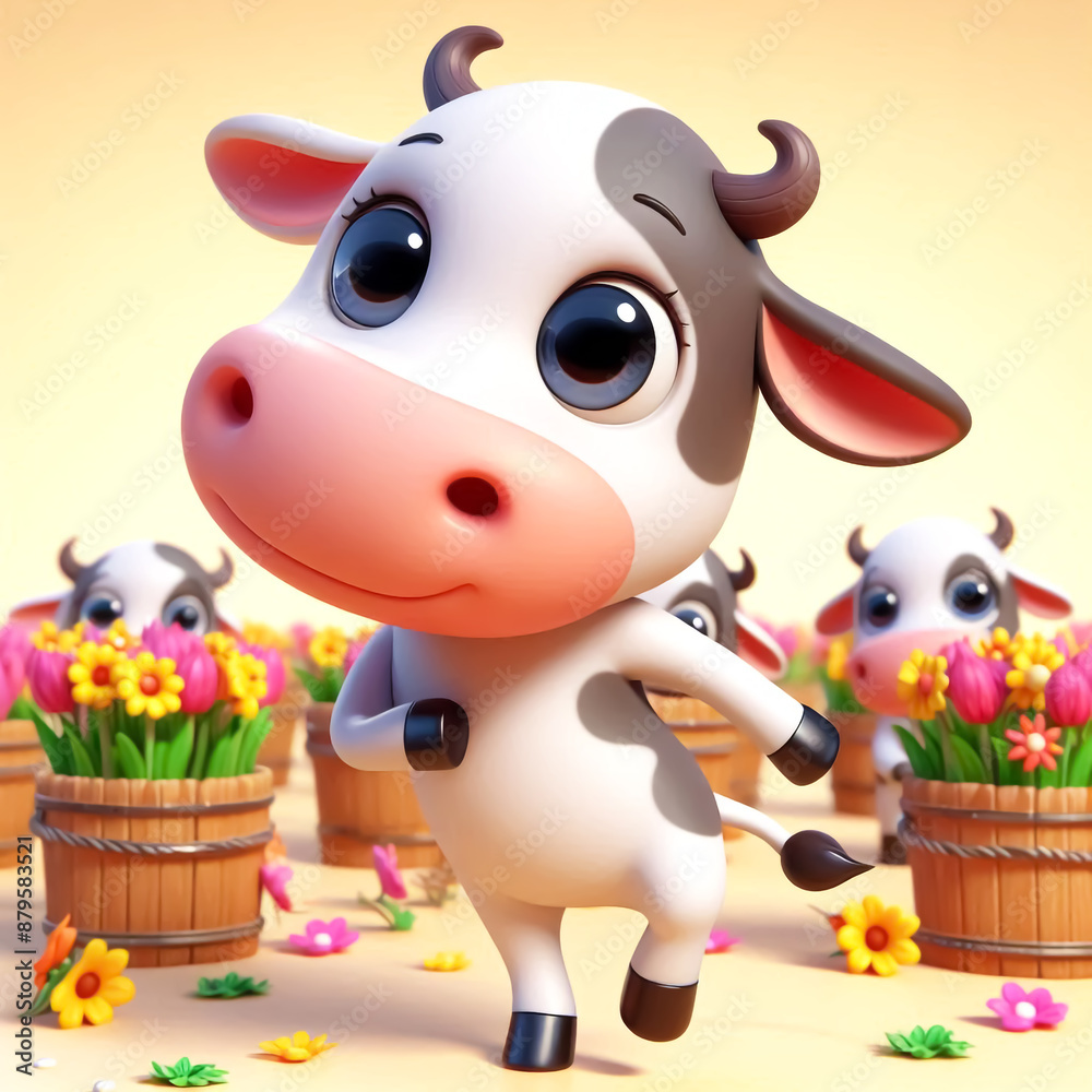 3D cute clumsy cow cartoon. Agriculture and farm animals illustration for children cards or books 3D cute clumsy cow cartoon. Agriculture and farm animals illustration for children cards or books