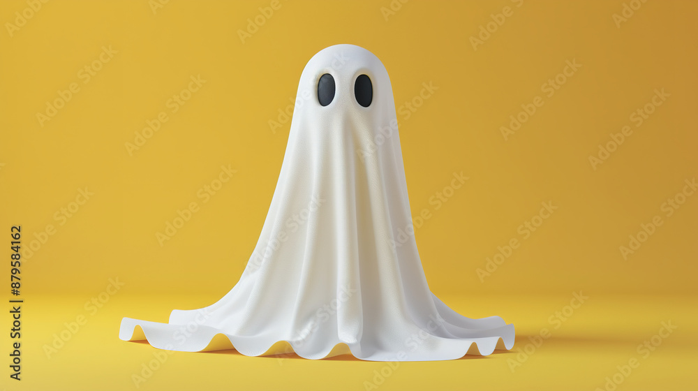 In this delightful 3D illustration mockup and rendering, a friendly ghost, wearing a white sheet, stands in a charming scene against an isolated yellow background In this delightful 3D illustration mockup and rendering, a friendly ghost, wearing a white sheet, stands in a charming scene against an isolated yellow background