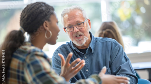 Mature professor talking to his student while assisting her on a class at the university