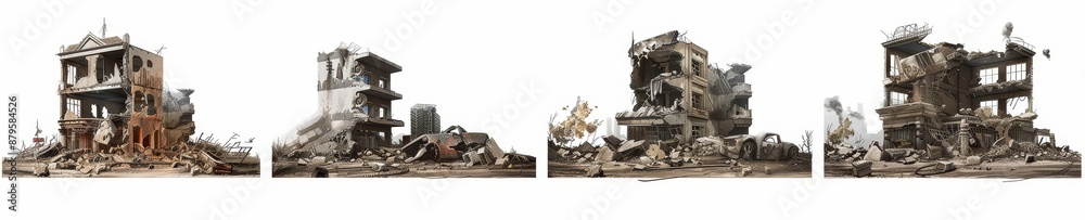The set of ruined buildings is isolated on a transparent background. The set of ruined buildings is isolated on a transparent background.
