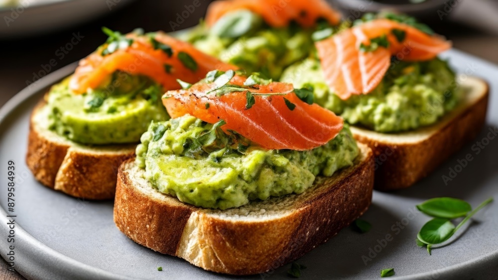 Delicious avocado toast with smoked salmon and fresh herbs Delicious avocado toast with smoked salmon and fresh herbs