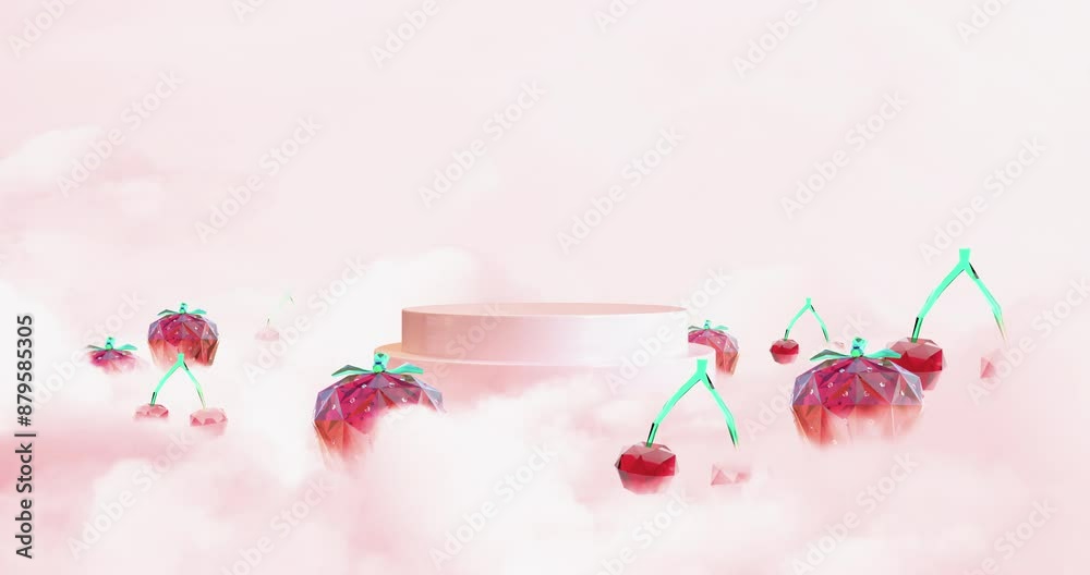 Beautiful animated background with sweet pink clouds and levitated digital fruits with gloss texture. With podium in the middle of frame. Beautiful animated background with sweet pink clouds and levitated digital fruits with gloss texture. With podium in the middle of frame.