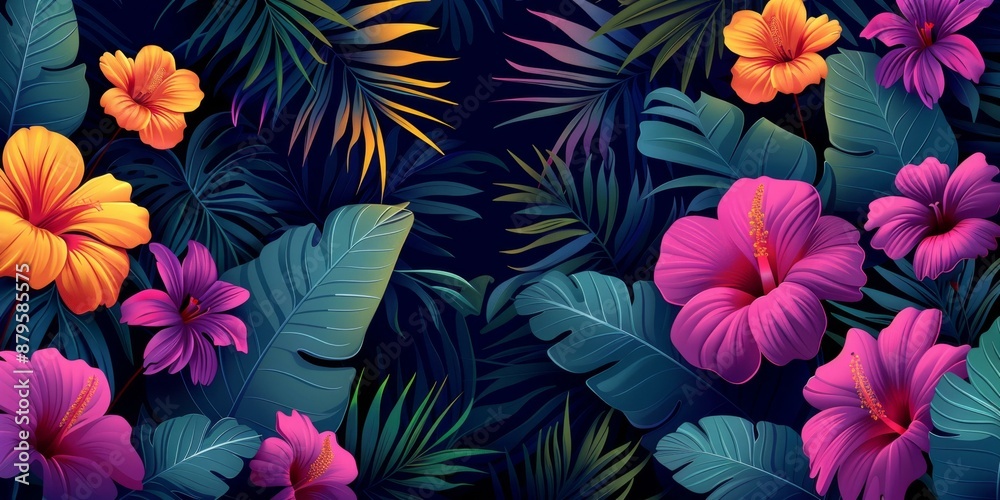 Vibrant Tropical Flowers and Plants Patterned Background
