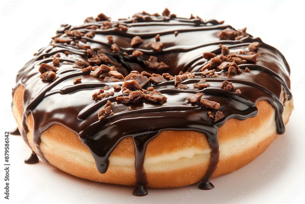 Close-up of a chocolate-glazed donut with chocolate pieces on top Close-up of a chocolate-glazed donut with chocolate pieces on top