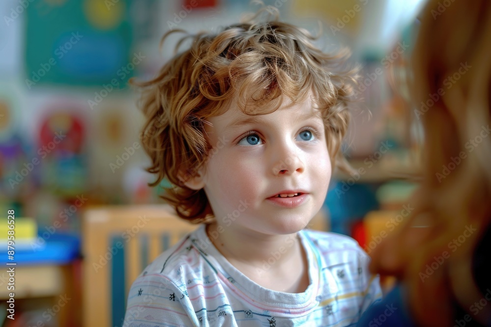 A young boy with curly brown hair and bright blue eyes, smiling at the camera A young boy with curly brown hair and bright blue eyes, smiling at the camera