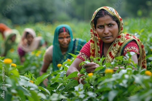 A woman is working in a field with other women. The women are wearing traditional clothing and are bending over to pick flowers