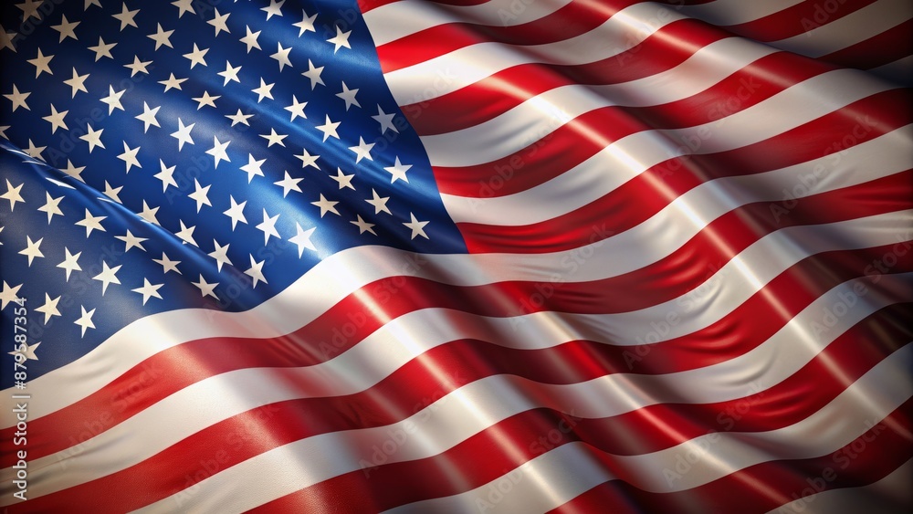 Fototapeta premium Star-spangled American flag waves proudly against a bold, patriotic red, white, and blue striped background for US election graphics.