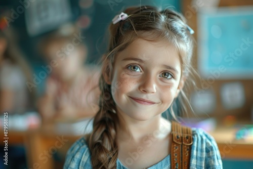 A young girl wearing braided hair and carrying a backpack, likely on her way to school or an adventure