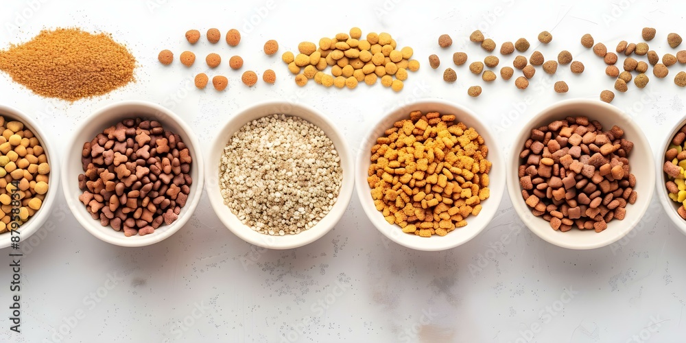 Various organic pet food options in bowls cater to animals nutritional needs. Concept Organic Pet Food, Nutritious Options, Bowl Presentation, Animal Health, Dietary Requirements Various organic pet food options in bowls cater to animals nutritional needs. Concept Organic Pet Food, Nutritious Options, Bowl Presentation, Animal Health, Dietary Requirements