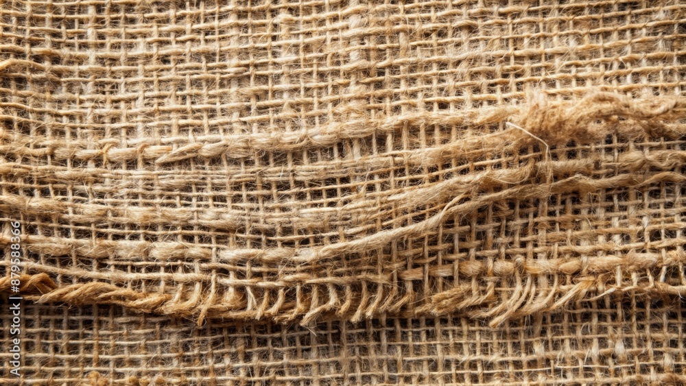 Obraz premium Weathered, coarse, and frayed rough sackcloth fabric with natural earthy tones and visible weave, evoking rustic, distressed, and vintage sensations.