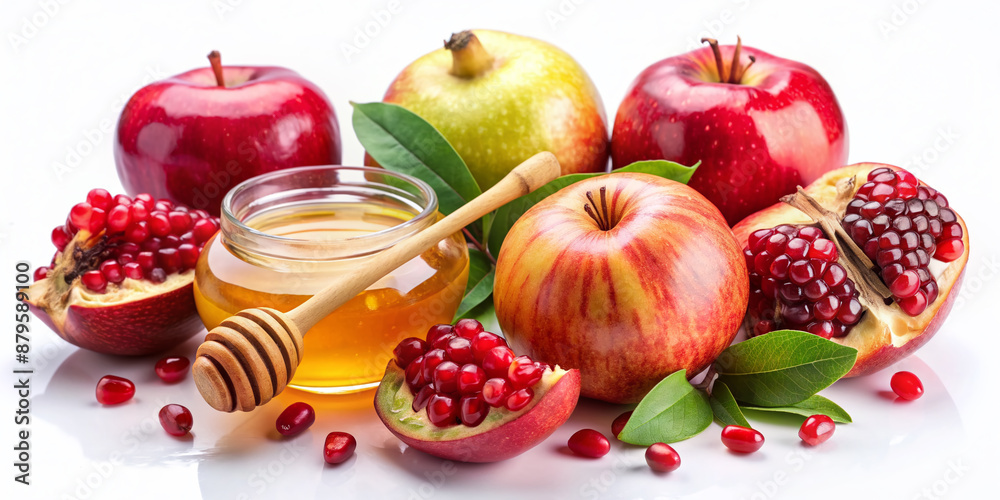 Fototapeta premium Vibrant apples, pomegranates, and honey arrange on a white background, symbolizing sweetness and abundance, perfect for wishing Happy New Year in traditional Jewish holiday.