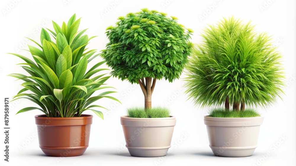 Vibrant, 3D cartoon icons of various plants, including a potted houseplant, tree, and grass, isolated on a clean white background. Vibrant, 3D cartoon icons of various plants, including a potted houseplant, tree, and grass, isolated on a clean white background.
