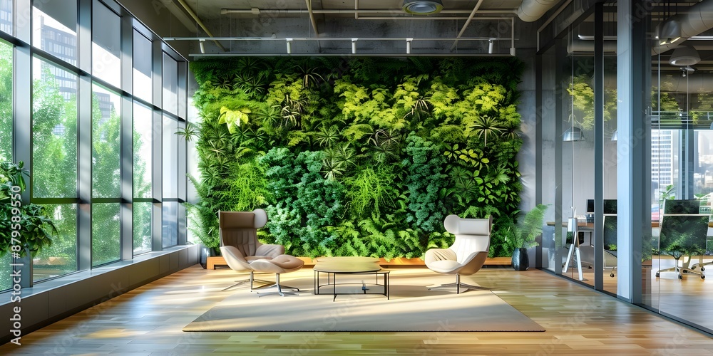 Incorporating sustainable greenery for wellness in startup office design promotes a healthy environment. Concept Sustainable Office Design, Greenery Wellness, Startup Environment, Healthy Workspace Incorporating sustainable greenery for wellness in startup office design promotes a healthy environment. Concept Sustainable Office Design, Greenery Wellness, Startup Environment, Healthy Workspace