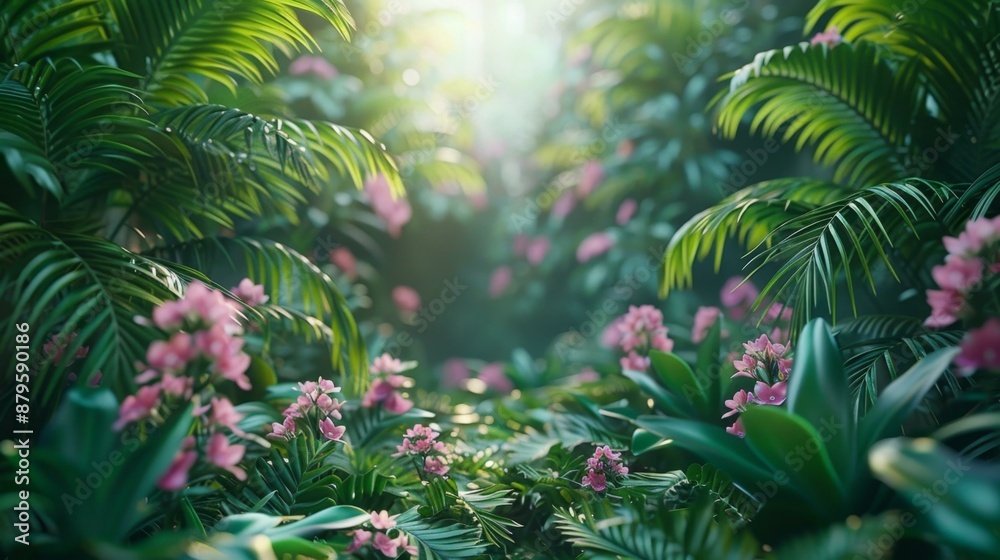 Tropical Forest Pathway, Pink Flowers