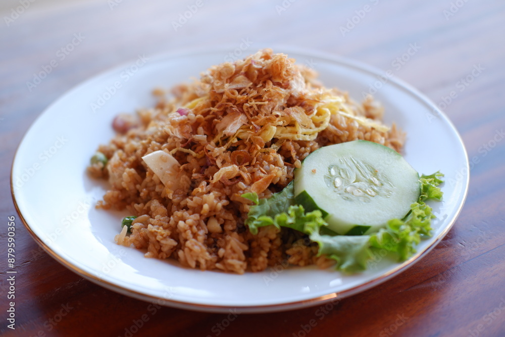 Fried rice in white plate on wooden table Fried rice in white plate on wooden table