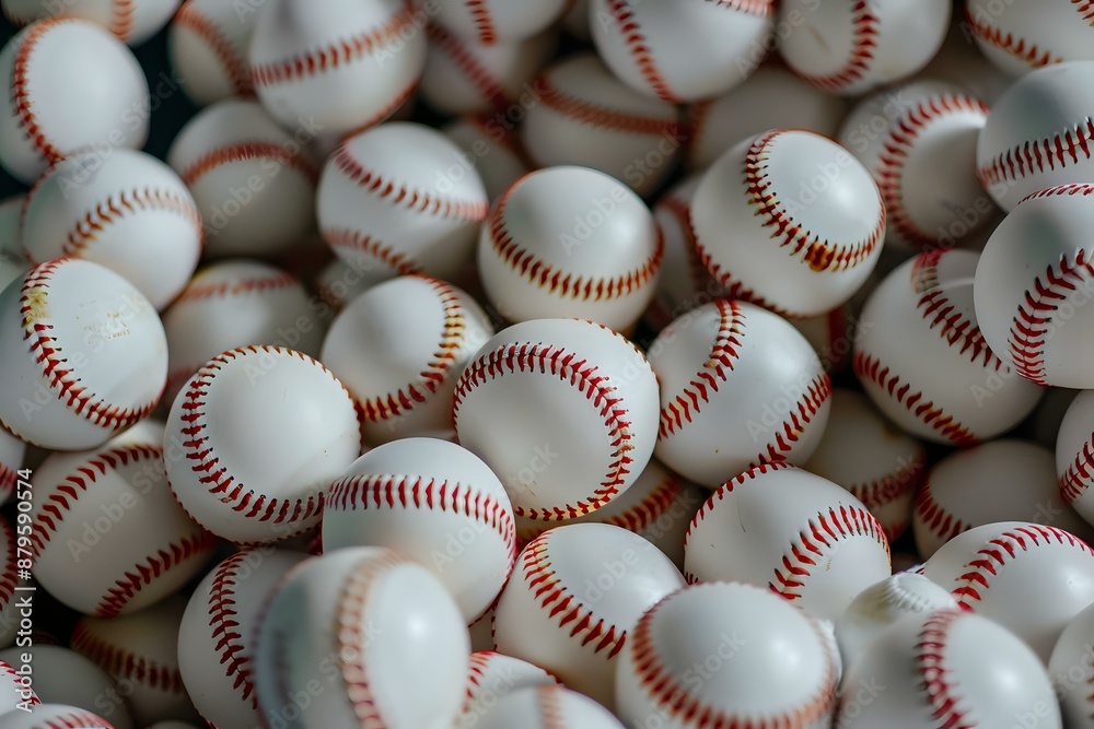 Close-up image of a pile of baseballs, showcasing the texture and stitching details, perfect for sports-related themes and designs. Close-up image of a pile of baseballs, showcasing the texture and stitching details, perfect for sports-related themes and designs.
