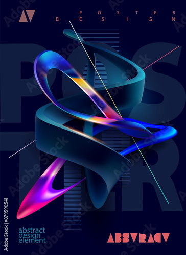 Fluid 3D geometric shape for poster design. Black abstract form and colorful lines in glass morphism style. Vector template design.