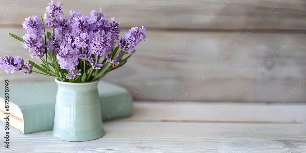 Purple flowers on book near potted plant create a lovely arrangement. Concept Flower Arrangements, Home Decor, Indoor Gardening, Book Display Purple flowers on book near potted plant create a lovely arrangement. Concept Flower Arrangements, Home Decor, Indoor Gardening, Book Display
