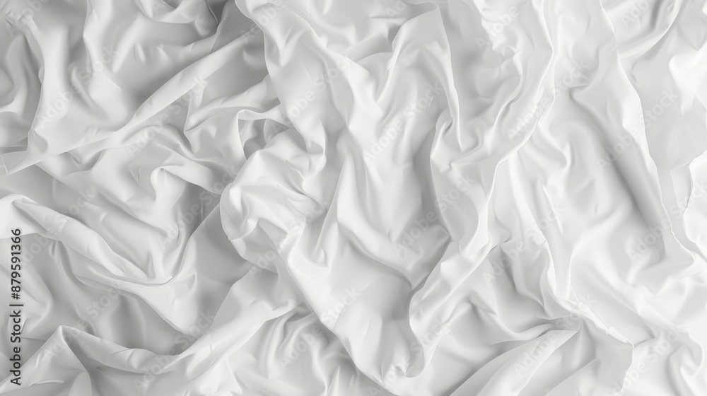 Wavy crumpled white sheet mockup. Morning bed. Fabric textile texture. White minimalistic background. Wavy crumpled white sheet mockup. Morning bed. Fabric textile texture. White minimalistic background.