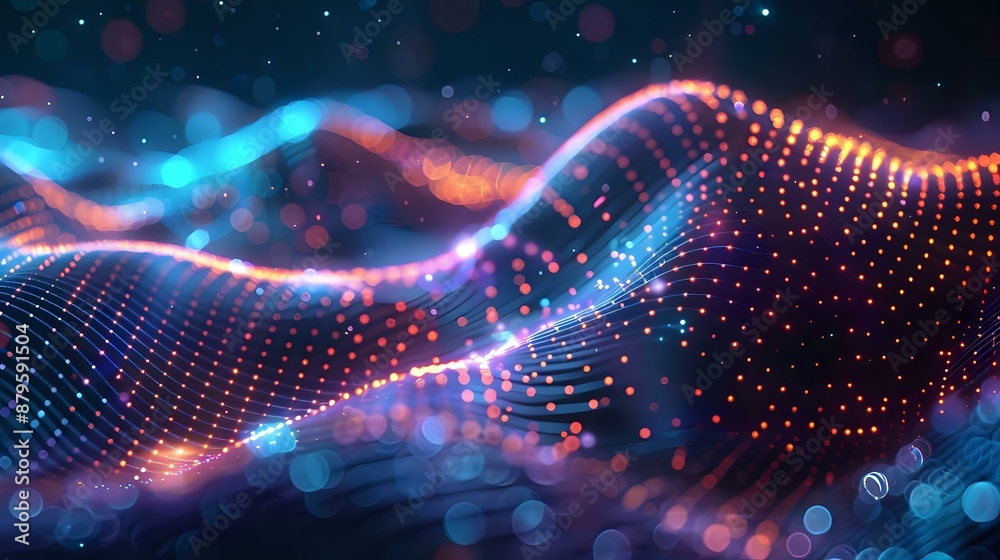 Abstract digital waves of glowing dots in blue and orange hues. Ideal for technology backgrounds, futuristic designs, and digital art projects. Abstract digital waves of glowing dots in blue and orange hues. Ideal for technology backgrounds, futuristic designs, and digital art projects.