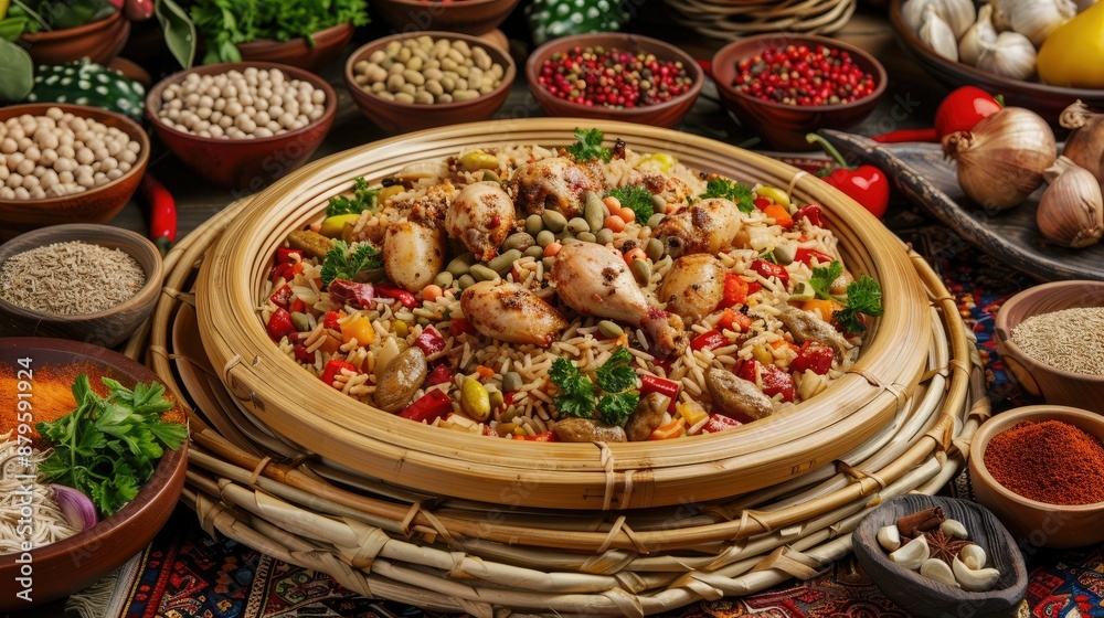 A Feast of Flavors: A Traditional Rice Dish With Chicken and Vegetables A Feast of Flavors: A Traditional Rice Dish With Chicken and Vegetables