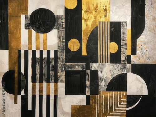 contemporary japaneseinspired abstract composition with gold black and white geometric elements evoking elegance of traditional folding screens photo