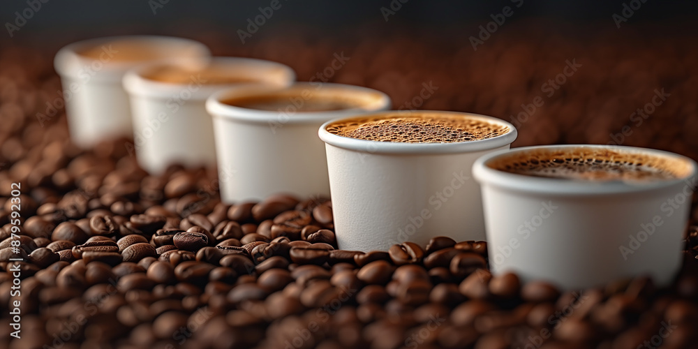 Row of Coffee Cups on Coffee Beans Background Row of Coffee Cups on Coffee Beans Background