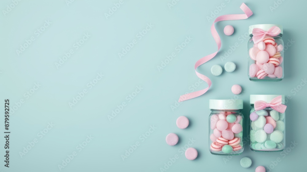 Whimsical display of pastel candy jars with ribbons, free space for text