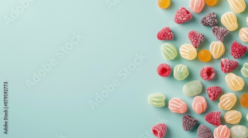 Playful arrangement of pastel fruit candies, free space for text