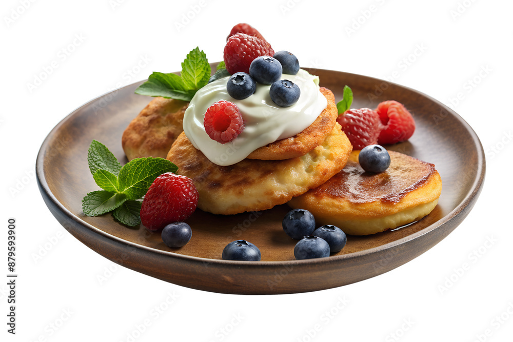 Fried quark pancakes topped with sour cream and fresh berries, set on a rustic plate isolated on a translucent background Fried quark pancakes topped with sour cream and fresh berries, set on a rustic plate isolated on a translucent background