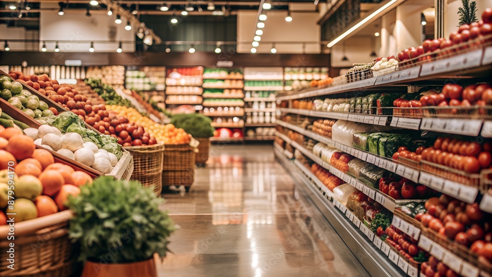 supermarket photo, shelving and trolley, soft light and minimalism supermarket photo, shelving and trolley, soft light and minimalism
