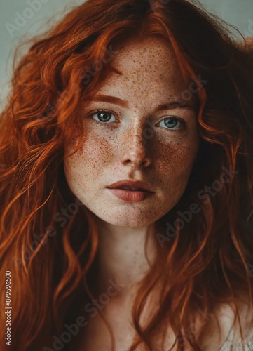 Close-up of freckled face with red hair photo