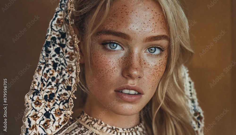 Close-up of freckled face with yellow hair Close-up of freckled face with yellow hair