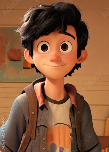 Animated boy character with big eyes and dark hair photo