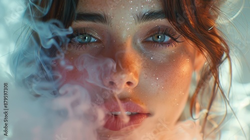 A captivating close-up of a woman's face with glistening water droplets and glitter, showcasing her mesmerizing blue eyes and ethereal beauty amid swirling mist.