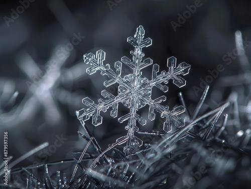 ethereal closeup of intricate snowflake crystal delicate ice formations and fractal patterns revealed through highmagnification microscopy photo