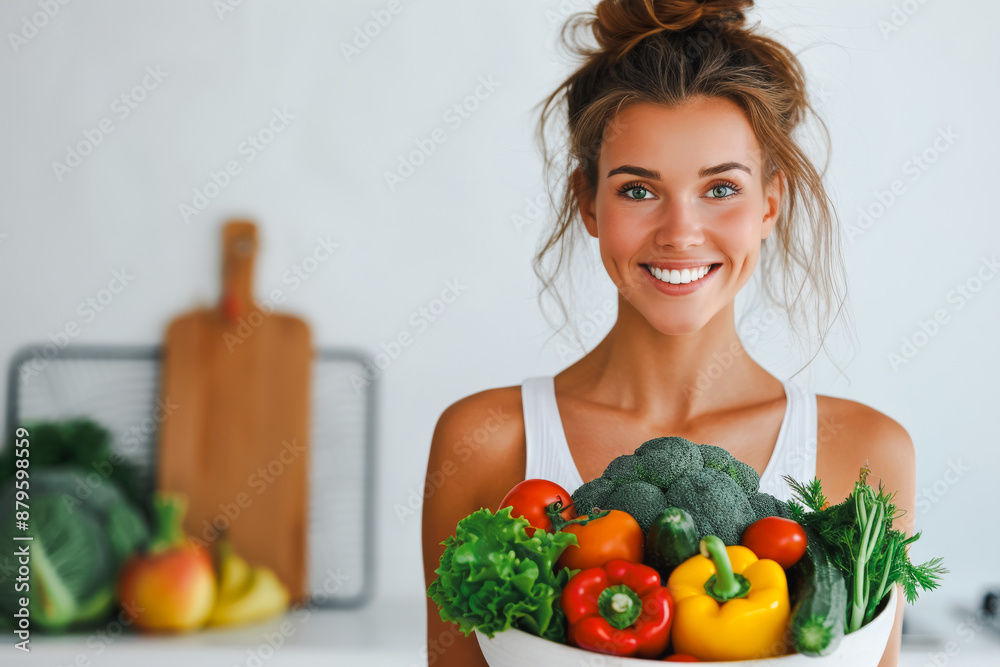 Smiling woman holding a bowl of fresh vegetables in a kitchen setting with a cutting board in the background. Smiling woman holding a bowl of fresh vegetables in a kitchen setting with a cutting board in the background.