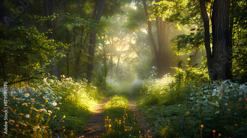 Serene Forest Scene with Winding Path and Dappled Sunlight  © Benjaporn