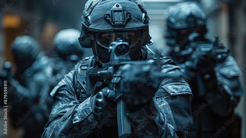 A tactical team fully equipped in dark uniforms and gear, advancing carefully in a dimly lit hallway with weapons at the ready, depicting intensity and precision in a high-stakes situation. A tactical team fully equipped in dark uniforms and gear, advancing carefully in a dimly lit hallway with weapons at the ready, depicting intensity and precision in a high-stakes situation.