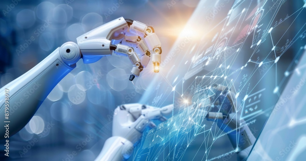 Advanced robot arm system for digital factories and digital industries. Automation manufacturing robot controlled by industry engineers using IOT software. Advanced robot arm system for digital factories and digital industries. Automation manufacturing robot controlled by industry engineers using IOT software.
