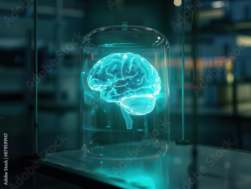 futuristic ai brain suspended in luminous liquid within a hightech glass container glowing neural networks pulse with artificial consciousness