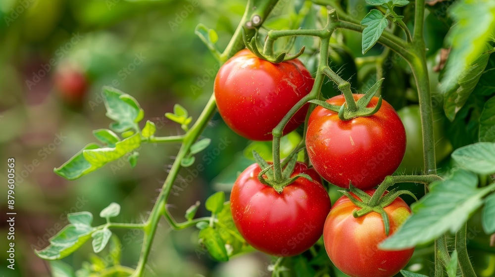 Red ripe tomatoes hang from a vine of a tomato tree in the garden in front of a background of green foliage. Organic vegetable farming. Red ripe tomatoes hang from a vine of a tomato tree in the garden in front of a background of green foliage. Organic vegetable farming.