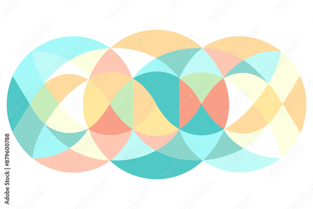Obraz premium Abstract geometric pattern with overlapping circles and triangles in pastel colors, on a white background