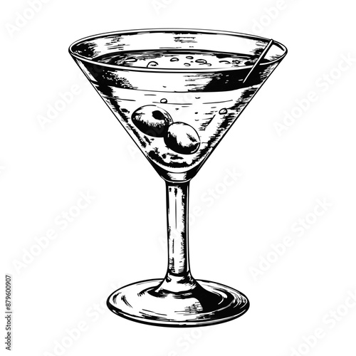 Sketch of a classic martini with an olive, side view, on a white background