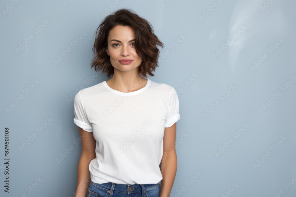 Portrait of a content woman in her 30s dressed in a casual t-shirt isolated in minimalist or empty room background Portrait of a content woman in her 30s dressed in a casual t-shirt isolated in minimalist or empty room background