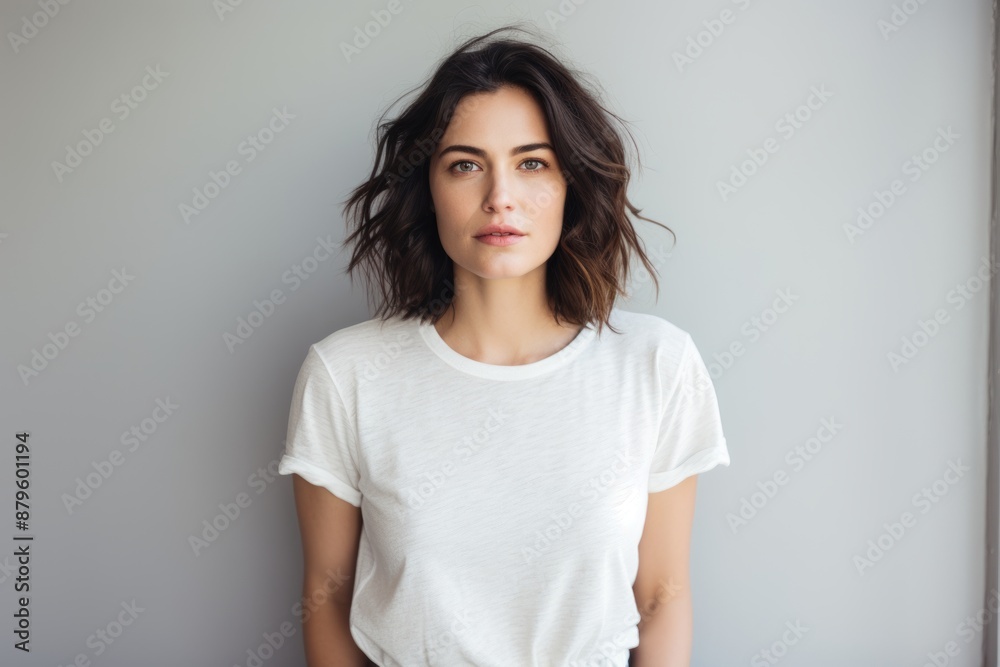 Portrait of a content woman in her 30s dressed in a casual t-shirt in minimalist or empty room background Portrait of a content woman in her 30s dressed in a casual t-shirt in minimalist or empty room background