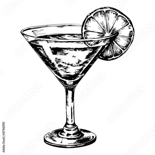 Sketch of a cosmopolitan with a citrus twist, front view, on a white background