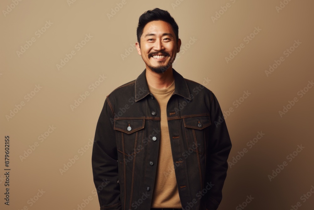 Portrait of a satisfied asian man in his 30s sporting a rugged denim jacket while standing against minimalist or empty room background Portrait of a satisfied asian man in his 30s sporting a rugged denim jacket while standing against minimalist or empty room background