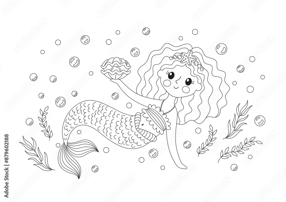 Fototapeta premium Coloring page with a little mermaid. Childrens cute magic character. Vector illustration of fairy tale undersea life